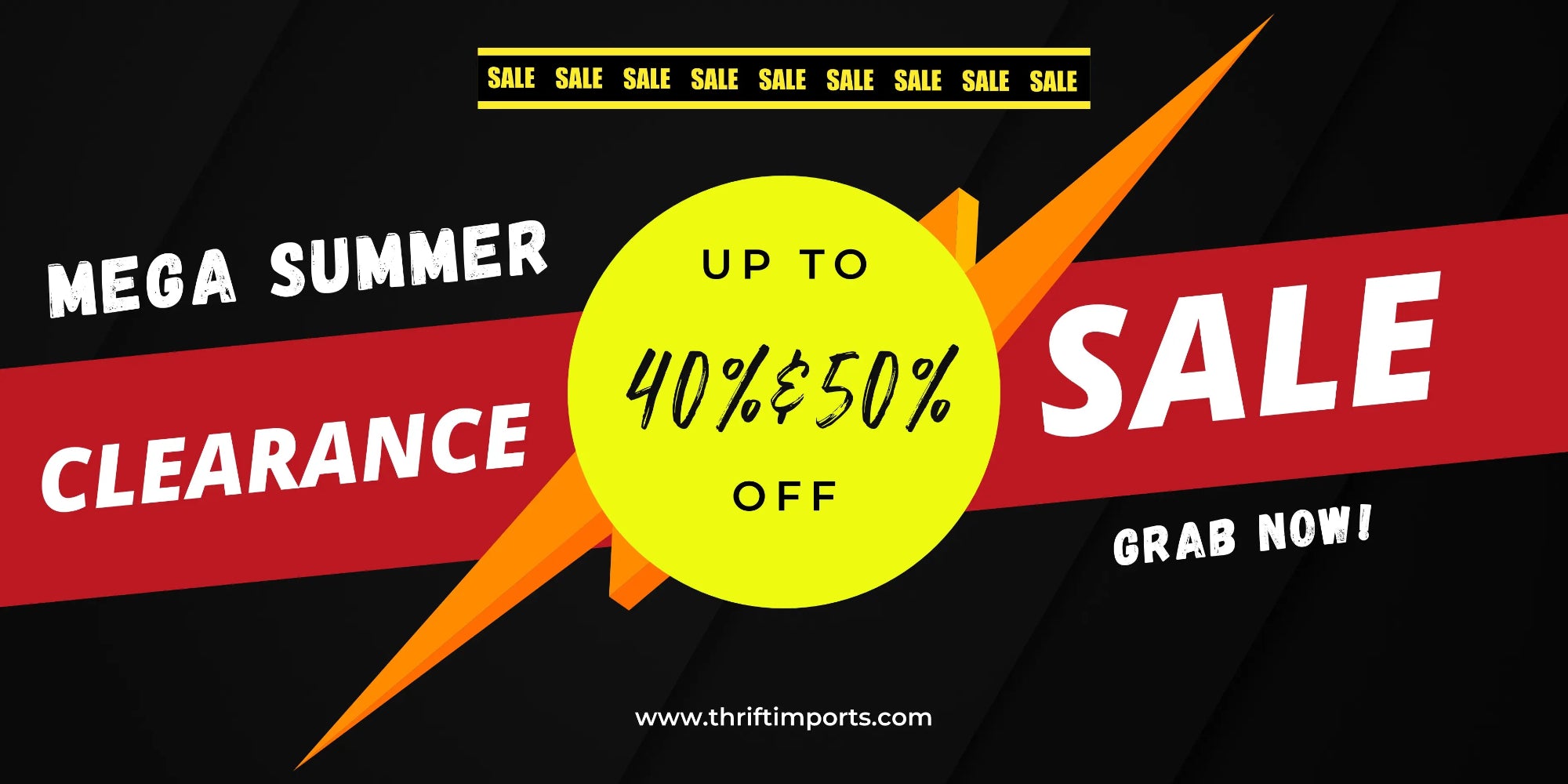 Promotional sale graphic with the text 'MEGA SUMMER CLEARANCE' and 'UP TO 40% $50 OFF' on a black background with red and orange graphic shapes and a yellow circle.