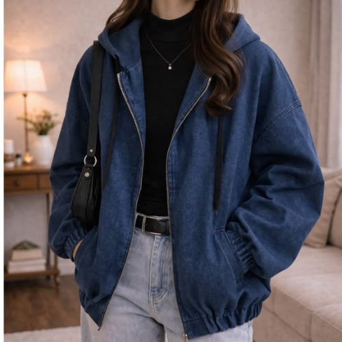 A woman wearing a blue hooded zip-up jacket over a black top and light-wash jeans, photographed indoors in a softly lit room with a lamp and sofa in the background.