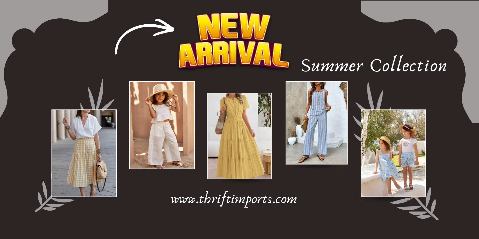 Promotional banner for a new arrival summer collection with models in various outfits and website URL.