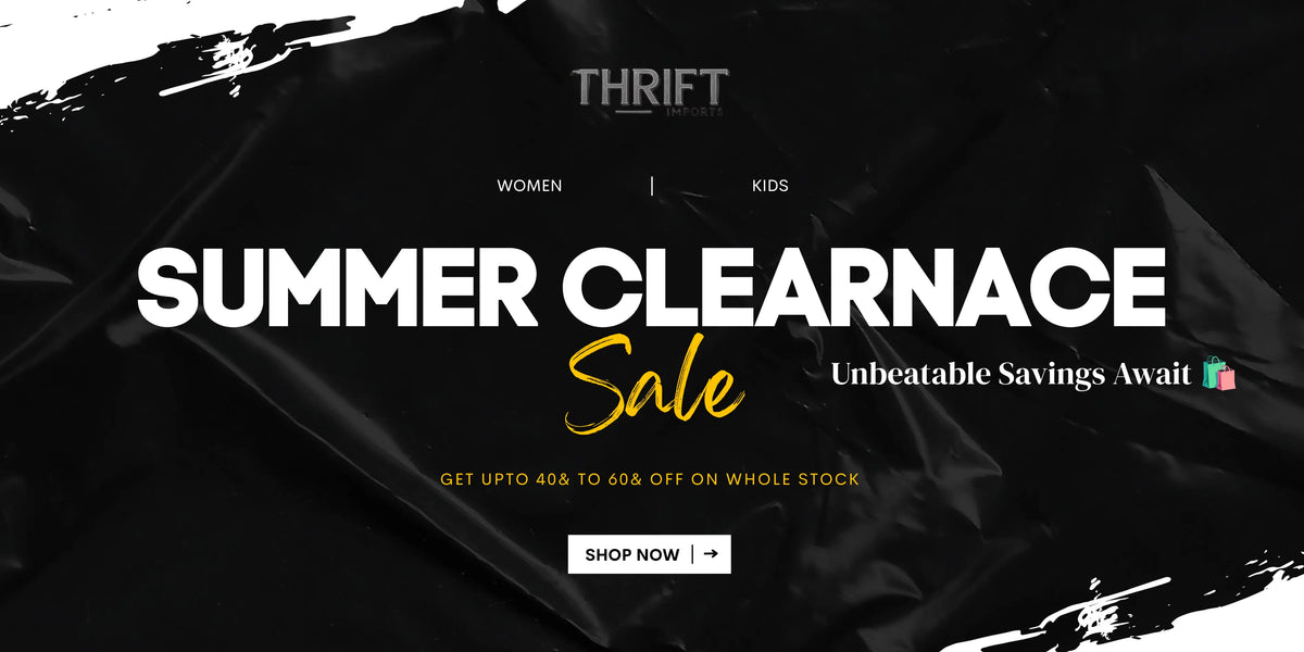 A promotional sale banner with a black draped fabric background and large white text reading 'SUMMER CLEARANCE' with a yellow 'Sale' script. Smaller text includes 'Unbeatable Savings Await,' category labels 'WOMEN | KIDS,' and a 'SHOP NOW' button.